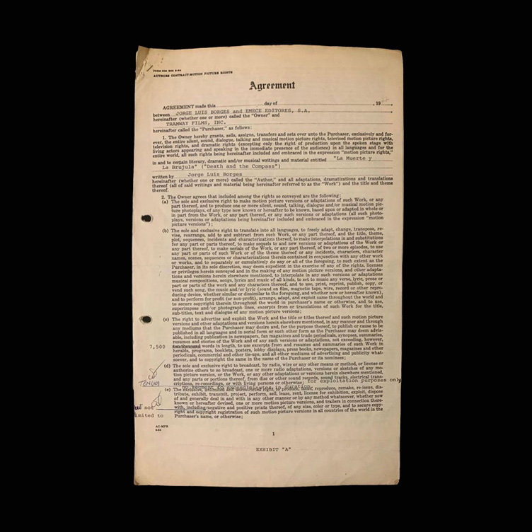 Contrato entre Jorge Luis Borges, EMECE Editores S.A. y Tramway Film Inc